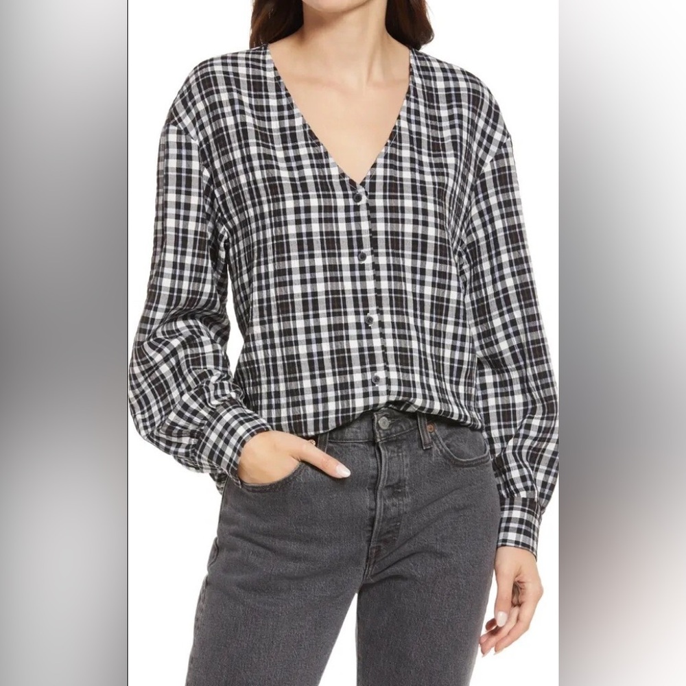 TREASURE & BOND-Check V-Neck Button-Up Top-Women’s Size: Small-Black-NEW!!